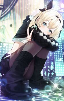 1girl aqua_eyes arms_on_knees black_hoodie black_shoes black_skirt black_socks blonde_hair brown_pantyhose commentary_request crop_top cropped_hoodie full_body hair_ribbon highres hololive hood hood_down hoodie kazama_iroha kazama_iroha_(pop_dance) knees_together_feet_apart long_hair long_sleeves mamdtsubu midriff miniskirt official_alternate_costume pantyhose puffy_long_sleeves puffy_sleeves ribbon screen shirt shoes skirt socks solo sparkle stage stage_lights tongue tongue_out twintails undershirt v virtual_youtuber white_shirt