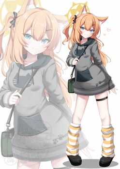 1girl absurdres animal_ear_fluff animal_ears animal_print artist_name bag black_bow black_shoes blue_archive blue_eyes blush bow buckle cat_print closed_mouth drawstring dress full_body grey_dress grey_sweater hair_bow hair_ornament hairclip halo handbag heart highres hood hood_down hooded_sweater kamesys leg_warmers long_sleeves looking_at_viewer mari_(blue_archive) one_side_up orange_hair shoes shoulder_bag simple_background sleeves_past_wrists smile solo standing sweater sweater_dress thigh_strap white_background zoom_layer