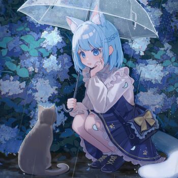 1girl absurdres animal animal_ears blue_bag blue_dress blue_eyes blue_flower blue_hair blue_shoes braid cat cat_ears cat_girl cat_tail chigusa_maru_(vtuber) commentary_request commission dress flower frilled_dress frills half_up_braid highres holding holding_umbrella indie_virtual_youtuber large_tail long_sleeves looking_at_another open_mouth rain second-party_source shirt shoes short_hair shuilantao solo squatting tail umbrella virtual_youtuber white_shirt