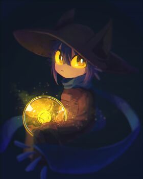 Rule 34 | 1other, 8osakana san8, ambiguous gender, animal ears, blue scarf, brown eyes, colored sclera, commentary, dim lighting, double-parted bangs, fake animal ears, glowing, hat, highres, light bulb, light frown, light particles, looking at viewer, looking to the side, niko (oneshot), oneshot (game), orange sclera, other focus, oversized sweater, purple hair, scarf, short hair, solo