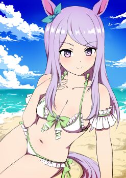 1girl absurdres alternate_costume animal_ears beach bikini blue_sky blush box_wonderland breasts cloud cloudy_sky commentary english_commentary highres horse_ears horse_girl horse_tail looking_at_viewer medium_breasts mejiro_mcqueen_(umamusume) navel ocean outdoors purple_eyes purple_hair sand sky smile solo swimsuit tail umamusume water white_bikini
