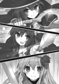 3girls :d blush braid cloak closed_mouth collared_shirt dress food food-themed_hair_ornament fruit fruit_hair_ornament grape_hair_ornament grapes greyscale hair_between_eyes hair_ornament hat highres holding holding_rod holding_staff holding_sword holding_weapon hood hooded_cloak iris_(konosuba) kono_subarashii_sekai_ni_shukufuku_wo! long_hair long_sleeves looking_at_viewer low_twintails megumin mishima_kurone monochrome multiple_girls necktie non-web_source novel_illustration off-shoulder_dress off_shoulder official_art open_mouth portrait rod shirt short_hair short_hair_with_long_locks smile staff sword twintails v-shaped_eyebrows weapon wide_sleeves witch_hat yunyun_(konosuba)