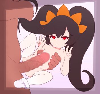 1boy 1girl absurdres age_difference ashley_(warioware) black_hair border censored closed_mouth dbm double_v erection grabbing_another&#039;s_hair hair_between_eyes hairband half-closed_eyes held_up highres holding_another&#039;s_hair imminent_penetration loli long_hair looking_at_viewer mosaic_censoring nintendo nude orange_hairband penis purple_border red_eyes size_difference solo_focus spread_legs thighhighs torso_grab twintails v warioware white_background white_thighhighs