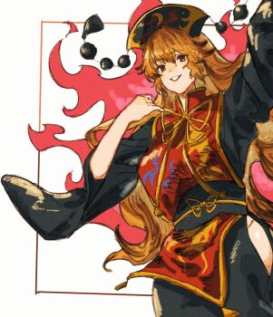 1girl absurdres arm_up black_hat blonde_hair dalachi_(headdress) hair_between_eyes hand_up hat highres junko_(touhou) long_hair long_sleeves neck_ribbon oftooon parted_lips red_eyes red_tabard ribbon side_slit smile solo tabard touhou very_long_hair wide_sleeves yellow_ribbon