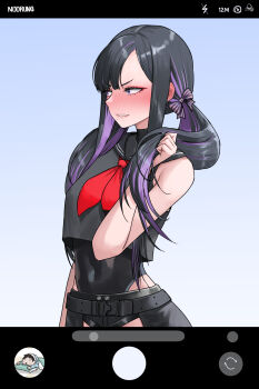 1girl black_hair black_leotard black_pants black_serafuku blush commander_(nikke) embarrassed eunhwa_(nikke) fake_phone_screenshot fake_screenshot goddess_of_victory:_nikke grabbing_own_hair highres holding holding_own_hair leotard leotard_under_clothes long_hair necktie noorung nose_blush pants purple_eyes purple_hair red_necktie school_uniform serafuku solo taking_picture user_interface
