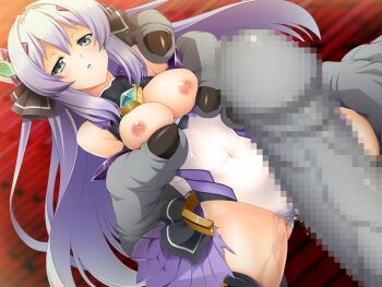 1boy 1girl :o blue_eyes breasts breasts_out brooch censored chest_jewel covered_navel exs-tia exs-tia_(exs-tia_1) game_cg hair_intakes hair_ornament hair_ribbon hetero imminent_penetration imminent_vaginal inoino jewelry katsuragi_marina kouyoku_senki_exs-tia large_breasts large_variant_set leotard leotard_pull long_hair magical_girl monster mosaic_censoring nipples non-web_source official_art open_mouth penis purple_hair pussy_juice raised_eyebrows ribbon shiny_skin skirt solo_focus spread_legs thighhighs torn_clothes torn_skirt variant_set very_long_hair white_leotard