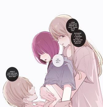 1boy 2girls arima_kana black_shirt blonde_hair bob_cut brother_and_sister clothes_lift english_text highres hoshino_aquamarine hoshino_ruby incest long_hair multiple_girls open_clothes open_shirt oshi_no_ko risdelusions shirt shirt_lift short_hair short_sleeves siblings speech_bubble twincest twins