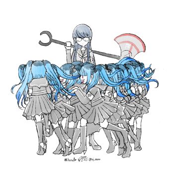 6+girls absurdres amemiya_darumi armband axe black_boots black_bow black_hair black_sailor_collar black_serafuku black_skirt blue_hair bodysuit boots bow clone closed_mouth commentary_request dot_mouth ear_piercing glasses hair_bow highres holding holding_axe last_defense_academy_school_uniform long_hair multicolored_hair multiple_girls neckerchief paw_pose piercing pink_eyes rj_octr running sailor_collar school_uniform serafuku shizuhara_hiruko simple_background skirt solid_circle_eyes surrounded the_hundred_line_-last_defense_academy- tongue tongue_out too_many twintails white_armband white_background white_bodysuit white_neckerchief