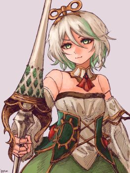 Rule 34 | 1girl, :3, absurdres, ascot, bare shoulders, byrrenn, cecilia immergreen, closed mouth, colored inner hair, commentary, corset, detached sleeves, doll joints, english commentary, green corset, green eyes, green hair, green streaks, grey background, grey hair, highres, holding, holding polearm, holding weapon, hololive, hololive english, joints, lance, multicolored hair, polearm, red ascot, short hair, simple background, solo, streaked hair, two-tone hair, virtual youtuber, weapon, white sleeves, winding key