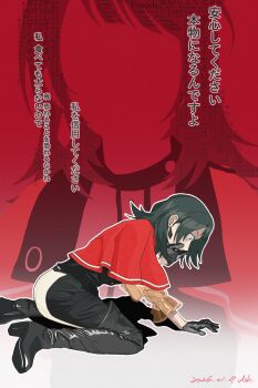 1girl ash011023 ass bang_dream! bang_dream!_it's_mygo!!!!! black_gloves black_hair black_pants blue_eyes cape commentary_request earrings english_text faceless faceless_female gloves gradient_background highres jewelry kneeling medium_hair pants red_background red_cape timoris_(bang_dream!) yahata_umiri