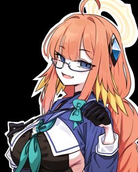 1girl :d absurdres ahoge aqua_neckerchief black_background black_gloves black_leotard blue-framed_eyewear blue_archive blue_eyes blue_shirt blunt_bangs braid breasts commentary cropped_shirt fang feather_hair glasses gloves hair_intakes half_gloves halo hands_up highres large_breasts leotard long_hair long_sleeves looking_at_viewer low_twintails naughty_face neckerchief neophyte official_alternate_costume official_alternate_hairstyle open_mouth outline semi-rimless_eyewear shimiko_(blue_archive) shimiko_(magical)_(blue_archive) shirt sidelocks simple_background skin_fang smile solo tsurime twin_braids twintails upper_body white_outline yellow_halo