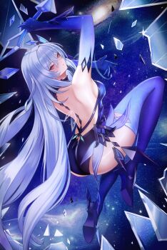 1girl absurdres ass bare_shoulders blue_hair blush boots breasts crystal crystal_shards elbow_gloves from_behind genshin_impact gloves hair_ornament high_heel_boots high_heels highres long_hair looking_at_viewer medium_breasts puppnett short_shorts shorts sideboob skirk_(genshin_impact) solo thighhighs very_long_hair