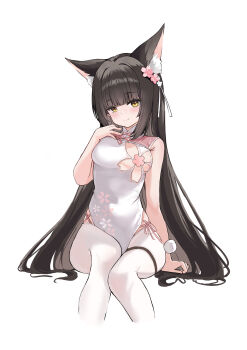 1girl absurdres animal_ear_fluff animal_ears azur_lane black_hair china_dress chinese_clothes commentary_request dress flower_cutout fox_ears fox_girl highres hime_cut ichi_(gnsk4737) looking_at_viewer nagato_(azur_lane) nagato_(guardian_fox's_blessed_bonds)_(azur_lane) official_alternate_costume pantyhose pink_dress see-through_pantyhose sitting sleeveless sleeveless_dress smile solo thigh_strap white_background white_pantyhose yellow_eyes