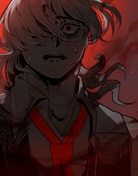 1boy absurdres bags_under_eyes beard_stubble close-up collarbone collared_shirt dress_shirt dust embers facial_hair fire floating_hair frown glasses gradient_background gregor_(project_moon) hair_blowing hair_over_one_eye highres limbus_company limited_palette long_hair long_sleeves looking_up loose_necktie low_ponytail male_focus monochrome necktie one_eye_covered open_mouth outdoors parted_bangs partially_colored ponytail portrait project_moon red_background red_eyes red_necktie red_sky red_theme semi-rimless_eyewear shirt simple_background sky smoke solo spot_color steam stubble surprised sweat sweatdrop teeth under-rim_eyewear upper_body vest wide-eyed wing_collar