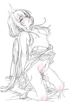 1girl arazand arched_back blue_eyes blush breasts camisole camisole_pull clothes_pull female_ejaculation female_masturbation fingering from_side full-face_blush full_body highres kneeling long_hair masturbation nipples on_bed open_mouth original panties_around_one_ankle partially_colored saliva simple_background small_breasts solo teeth upper_teeth_only very_long_hair white_background