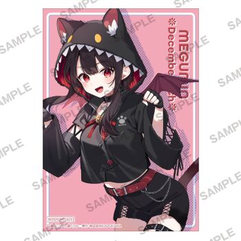 1girl animal_hood bell belt black_choker black_gloves black_hair black_jacket black_shorts blush cat_hood character_name choker chomusuke copyright_notice cowboy_shot cropped_jacket demon_wings fang fingerless_gloves gloves hands_up highres hood hood_up hooded_jacket jacket kono_subarashii_sekai_ni_shukufuku_wo! long_sleeves looking_at_viewer megumin merchandise_available mishima_kurone neck_bell official_art open_mouth paw_pose sample_watermark shorts smile solo thigh_belt thigh_strap two-sided_hood watermark wide_sleeves wings