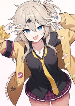 1girl black_shirt blue_eyes blue_nails brown_hair cardigan collared_shirt commentary_request dot_nose double-parted_bangs double_v gingham gyaru hair_between_eyes hair_ornament hair_tie hands_up highres jewelry kasukabe_tsumugi kogal long_hair long_sleeves loose_necktie miniskirt nail_polish necklace necktie one_side_up open_cardigan open_clothes open_mouth pleated_skirt purple_skirt school_uniform scrunchie shirt simple_background skirt smile solo standing suuchi_maigo_(nan) translation_request v voicevox wavy_hair white_background wrist_scrunchie yellow_cardigan yellow_necktie yellow_scrunchie