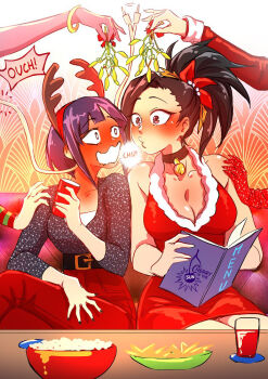 2girls antlers bare_shoulders bell black_eyes black_hair blush boku_no_hero_academia breasts cherry_in_the_sun christmas cleavage collarbone couch dress full-face_blush hair_ribbon horns imminent_kiss jiro_kyoka large_breasts long_hair menu mistletoe multiple_girls neck_bell on_couch ponytail puckered_lips purple_hair reindeer_antlers ribbon santa_costume santa_dress short_hair shy small_breasts snack speech_bubble yaoyorozu_momo yuri
