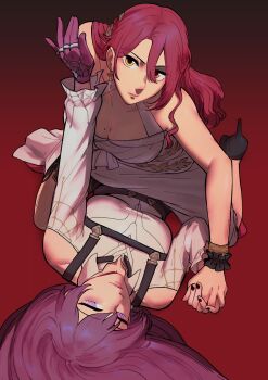 2girls black_gloves chest_harness clothing_cutout collared_shirt commentary dress earrings english_commentary girl_on_top gloves hair_down harness highres himeko_(honkai:_star_rail) honkai:_star_rail honkai_(series) jewelry kafka_(honkai:_star_rail) long_hair multiple_girls photo-referenced ppyuuingles purple_eyes purple_gloves purple_hair red_background red_hair red_velvet_(group) shirt shoulder_cutout white_dress white_shirt yellow_eyes