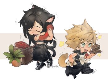 Rule 34 | 1boy, 1girl, 4k1030, absurdres, animal ears, apron, bare shoulders, beer mug, black apron, black hair, black pants, blonde hair, blue eyes, cat ears, cat tail, closed eyes, cloud strife, cup, dog ears, dog tail, fang, final fantasy, final fantasy vii, final fantasy vii: advent children, flying sweatdrops, full body, highres, holding, holding phone, holding plate, kemonomimi mode, long hair, midriff peek, motion lines, mug, navel, open mouth, pants, phone, plant, plate, potted plant, running, shirt, skin fang, sleeveless, sleeveless shirt, spiked hair, standing, star (symbol), tail, talking on phone, tifa lockhart, twitter username, waist apron, white apron
