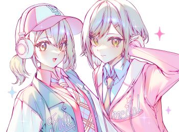 2girls :d azusawa_kohane baseball_cap blonde_hair blue_shirt breasts brown_eyes closed_mouth clothes_writing collared_shirt commentary commission drawstring dress_shirt english_commentary english_text green_eyes grey_hair hair_between_eyes hair_ornament hairclip hand_up hat headphones highres hinomori_shiho hood hooded_jacket jacket jewelry lapels letterman_jacket long_sleeves looking_at_viewer multiple_girls necklace necktie notched_lapels official_alternate_costume open_clothes open_jacket open_mouth parallel_hairclips pink_jacket pink_shirt pink_sweater project_sekai seo_so shirt short_hair sidelocks simple_background small_breasts smile sparkle sweater swept_bangs tucking_hair twintails upper_body v-neck white_background