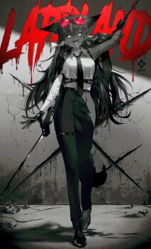 1girl alternate_costume animal_ear_fluff animal_ears arknights artist_name aviator_sunglasses belt blood breasts character_name collarbone commentary dress_pants dress_shoes english_commentary fangs gloves glowing glowing_eyes greyscale hair_between_eyes highres holding holding_sword holding_weapon jacket jacket_on_shoulders lappland_(arknights) limited_palette long_hair long_sleeves looking_at_viewer medium_breasts monochrome multiple_belts necktie open_mouth red-tinted_eyewear rubble scar scar_across_eye scar_on_face scratches shirt sidelocks signature smile solo standing suit_jacket sunglasses sword tail team.achv tinted_eyewear tongue weapon weapon_on_back white_shirt wolf_ears wolf_girl wolf_tail