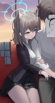 1boy 1girl absurdres animal_ear_fluff animal_ears arm_between_breasts arm_hug between_breasts blazer blue_archive blue_eyes breasts commentary couch cross_hair_ornament doodle_sensei_(blue_archive) dress_shirt evening extra_ears grey_hair hair_between_eyes hair_ornament halo hand_on_another&#039;s_thigh highres jacket medium_hair mismatched_pupils necktie on_couch paper parted_lips scarf sensei_(blue_archive) shiroko_(blue_archive) shirt sitting skirt ubeuna unworn_scarf wolf_ears