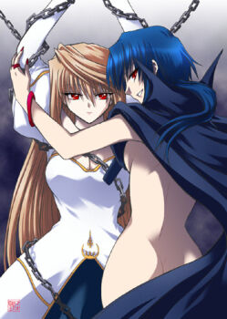 2008 2girls archetype_earth arcueid_brunestud arms_up artist_request ass bare_shoulders bdsm blue_eyes blue_skirt bondage bound bracelet breasts butt_crack chain chained ciel_(tsukihime) cleavage cloak commentary convenient_censoring detached_sleeves dress english_commentary evil_grin evil_smile expressionless fingernails gold_trim grin hair_intakes hand_on_another's_back jewelry kagetsu_tooya large_breasts long_hair looking_at_viewer looking_back lowres michael_roa_valdamjong multiple_girls nail_polish naked_cloak pale_skin ponytail possessed ring roa-ciel sharp_fingernails sideboob sidelocks signature skirt smile source_request third-party_source tsukihime vampire very_long_hair white_dress wide_hips yuri