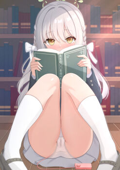 1girl blue_archive blush book bookshelf braid green_halo halo holding holding_book long_hair looking_at_viewer miyo_(blue_archive) nc731 panties pantyshot remote_control_vibrator sex_toy sitting skirt socks solo underwear vibrator vibrator_cord vibrator_under_clothes vibrator_under_panties white_panties white_socks yellow_eyes