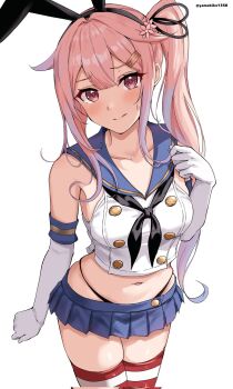 1girl black_panties blue_hair blue_skirt breasts cosplay cowboy_shot crop_top elbow_gloves gloves gradient_hair hair_ornament hairband harusame_(kancolle) highleg highleg_panties highres kantai_collection long_hair multicolored_hair navel neckerchief panties pink_hair ribbon sailor_collar school_uniform serafuku shimakaze_(kancolle) shimakaze_(kancolle)_(cosplay) side_ponytail skirt solo striped_clothes striped_thighhighs thighhighs twitter_username underwear white_background white_gloves yamabiko1358