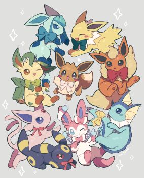 Rule 34 | :o, absurdres, animal focus, animal hands, black fur, blue bow, blue eyes, blue fur, blush stickers, bow, brown eyes, brown fur, eevee, espeon, facial mark, fang, fins, fish tail, flareon, forehead jewel, forehead mark, full body, gen 1 pokemon, gen 2 pokemon, gen 4 pokemon, gen 6 pokemon, glaceon, green bow, green fur, grey background, head fins, highres, jolteon, leaf, leafeon, looking at another, looking at viewer, neck fur, nintendo, no humans, nullma, one eye closed, open mouth, orange fur, pink fur, pokemon, pokemon (creature), pokemon focus, purple eyes, purple fur, red bow, red eyes, red ribbon, ribbon, sidelocks, simple background, skin fang, spiked tail, standing, sylveon, tail, umbreon, vaporeon, white bow, white fur, yellow bow, yellow fur