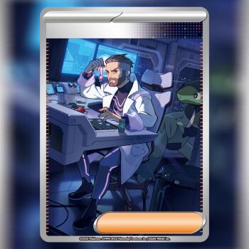 1boy blanco026 bodysuit bright_pupils brown_eyes brown_hair cable card_(medium) chair closed_mouth commentary company_name copyright_name copyright_notice cyclizar desk english_commentary facial_hair holding indoors jacket lab_coat male_focus microscope monitor nintendo official_art open_clothes open_jacket pokemon pokemon_(creature) pokemon_card pokemon_sv pokemon_tcg professor_turo short_hair sitting textless_version third-party_source trading_card very_short_hair white_jacket white_pupils