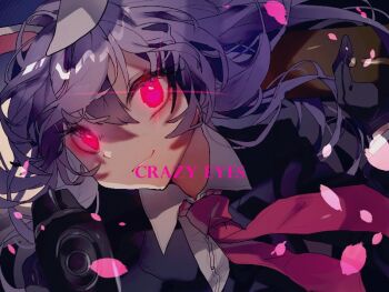 1girl aiming aiming_at_viewer animal_ears black_gloves black_jacket blazer closed_mouth commentary_request english_text gloves glowing glowing_eyes gun handgun holding holding_gun holding_weapon jacket long_hair long_sleeves looking_at_viewer necktie one-hour_drawing_challenge purple_hair rabbit_ears rabbit_girl red_eyes red_necktie reisen_udongein_inaba shinjitsu_no_kuchi smile solo touhou upper_body weapon