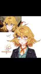 1girl ahoge animated artist_logo artist_name bandana bandana_around_neck black_jacket blonde_hair blue_eyes blue_shirt blush breast_pocket collarbone collared_shirt dokibird dokibird_(bounty_hunter) fang hair_between_eyes heterochromia highres indie_virtual_youtuber inset jacket lineart logo looking_at_viewer making-of minumi_glaucus monochrome open_clothes open_jacket open_mouth orange_bandana pocket red_eyes reference_inset shirt short_hair simple_background sketch skin_fang solo striped_clothes striped_shirt surprised upper_body vertical-striped_clothes vertical-striped_shirt video virtual_youtuber white_background