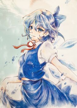 1girl absurdres blue_bow blue_eyes blue_hair blue_skirt bow cirno colored_pencil_(medium) commentary_request detached_wings fairy hair_between_eyes hair_bow highres ice ice_wings light_smile looking_at_viewer midriff_peek multiple_wings neck_ribbon orange_ribbon ribbon sahanna shirt short_hair short_sleeves skirt skirt_hold skirt_set solo touhou traditional_media white_shirt wings