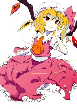 Rule 34 | 1girl, ascot, blonde hair, bobby socks, closed mouth, commentary request, crystal, flandre scarlet, frilled skirt, frills, hat, hat ribbon, looking at viewer, mob cap, orange ascot, pale skin, red eyes, red ribbon, red shoes, red skirt, red vest, ribbon, shirt, shoes, short sleeves, side ponytail, simple background, sitting, skirt, skirt set, socks, sohin, solo, touhou, vest, white background, white hat, white shirt, white socks, wings