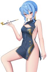 Rule 34 | 1girl, absurdres, alternate costume, bare legs, blue eyes, blue hair, blue nails, blush, breasts, china dress, chinese clothes, closed mouth, commentary, covered navel, cowboy shot, dangle earrings, dragon print, dress, earrings, gold earrings, hair bun, highres, hiiragi melt, holding, holding smoking pipe, hololive, hoshimachi suisei, jewelry, short dress, simple background, sleeveless, sleeveless dress, small breasts, smoking pipe, solo, virtual youtuber, white background