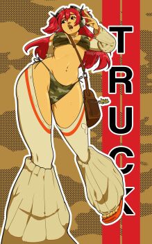 Rule 34 | 1girl, arm behind back, arm warmers, artist name, bag, bare shoulders, bikini, black eyes, body freckles, breast freckles, breasts, brown background, bwgnagna, camouflage, camouflage bikini, character name, charm (object), cleavage, commentary, contrapposto, crotchless, crotchless pants, detached sleeves, english commentary, foot out of frame, freckles, from below, goggles, goggles on head, green bikini, hair between eyes, hand on headphones, hand up, headphones, highres, leg warmers, long hair, looking at viewer, looking to the side, medium breasts, missing tooth, navel, navel piercing, open mouth, original, pants, piercing, radio antenna, red hair, sandals, shoulder bag, shrug (clothing), side-tie bikini bottom, solo, standing, stomach, swimsuit, toes, truck (nifast (greentail)), two side up, white shrug, white sleeves