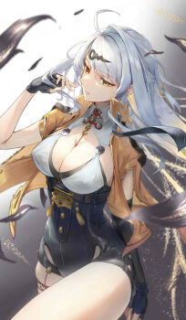 1girl absurdres black_gloves black_sleeves breasts commentary_request fingerless_gloves gloves gradient_background grey_background hair_ornament hairclip high-waist_shorts highres jacket kinoyama_(0202) large_breasts long_hair parted_lips shorts single_sleeve solo white_background white_hair yellow_jacket yixuan_(zenless_zone_zero) zenless_zone_zero