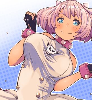 1girl :s arm_up black_gloves blue_background blue_eyes blush breasts clenched_hand closed_mouth collar commentary dutch_angle elphelt_valentine fingerless_gloves floating_clothes floating_hair gloves gradient_background guilty_gear guilty_gear_strive hairband highres large_breasts looking_at_viewer outline pink_collar pink_wrist_cuffs polka_dot polka_dot_background shirt short_hair skull_print sleeveless sleeveless_shirt solo spiked_collar spiked_gloves spiked_hairband spiked_shirt spiked_wristband spikes split_mouth sugajyun unaligned_breasts untranslatable_commentary upper_body white_background white_hair white_outline white_shirt wrist_cuffs