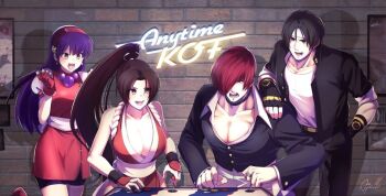 1boy 1girl asamiya_athena black_jacket brown_hair competition hair_ornament idol jacket kusanagi_kyou musician ninja pachinko playing_games psycho_soldier purple_hair red_hair shiranui_mai snk star_(symbol) star_hair_ornament the_king_of_fighters the_king_of_fighters_&#039;98 yagami_iori