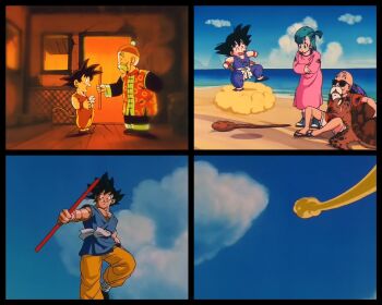 1girl 3boys age_progression beach blue_eyes blue_hair bulma dragon_ball dragon_ball_(classic) dragon_ball_gt ending flying_nimbus good_end goodbye grandpa_gohan happy highres laughing looking_at_viewer multiple_boys muten_roushi old old_man remembering ruyi_jingu_bang son_goku water