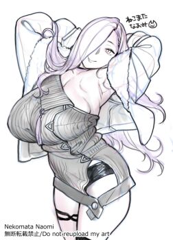 1girl armpits arms_up bare_shoulders breasts choker cleavage collarbone dress earrings fate/grand_order fate_(series) greyscale hair_over_one_eye hoop_earrings jacket jewelry large_breasts long_hair long_sleeves looking_at_viewer monochrome mrs._snake_(fate) nekomata_naomi off_shoulder short_shorts shorts smile solo sweater sweater_dress tassel thighs
