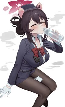 1girl absurdres animal_ears black_hat black_jacket black_pantyhose black_shoes black_skirt blue_archive blush bottle bow bowtie breasts button_gap closed_eyes collared_shirt drinking formal_clothes garrison_cap gloves hair_bun halo hand_up hat highres holding holding_bottle jacket kaede_(blue_archive) kaede_(guide)_(blue_archive) large_breasts long_sleeves loose_bowtie official_alternate_costume oppai_loli pantyhose partially_unbuttoned raccoon_ears raccoon_girl red_bow red_bowtie red_halo shirt shoes single_hair_bun sitting skirt skirt_suit solo steam steaming_body suit suit_jacket sweat syhan tour_guide unworn_gloves walkie-talkie white_gloves white_shirt