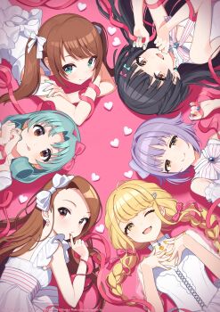 1boy 5girls :q ;d absurdres black_hair black_nails blonde_hair braid braided_twintails brown_hair closed_mouth copyright_notice cross-laced_clothes cross-laced_dress dress forehead fujita_kotone gakuen_idolmaster green_hair grey_hair hands_on_own_chest heart highres idolmaster idolmaster_(classic) idolmaster_cinderella_girls idolmaster_million_live! idolmaster_shiny_colors idolmaster_side-m koshimizu_sachiko looking_at_viewer lying mayuzumi_fuyuko minase_iori mizushima_saki multiple_girls nail_polish on_bed on_stomach one_eye_closed open_mouth ribbon shigure_ui smile tokugawa_matsuri tongue tongue_out trap twin_braids twintails two_side_up white_dress