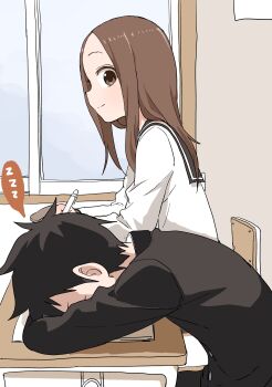 Rule 34 | 1boy, 1girl, absurdres, black hair, black jacket, black sailor collar, brown eyes, brown hair, chair, closed mouth, commentary request, desk, gakuran, highres, indoors, jacket, karakai jouzu no takagi-san, long hair, long sleeves, nishikata, on chair, parted bangs, pencil, profile, sailor collar, school chair, school desk, school uniform, serafuku, shirt, sitting, sleeping, smile, spoken zzz, takagi-san, white shirt, window, yamamoto souichirou, zzz
