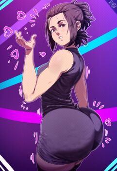 1girl abstract_background artist_name ass bare_shoulders blush brown_hair curvy d-art dress gabi_braun hair_bun heart highres huge_ass parted_lips purple_background shingeki_no_kyojin sidelocks sleeveless solo thick_thighs thighhighs thighs