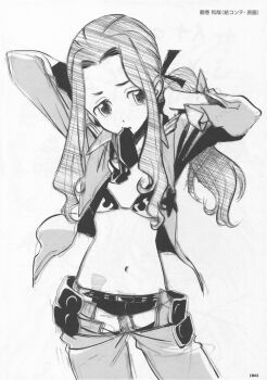 Rule 34 | 1girl, alternate costume, bikini, bikini under clothes, cosplay, darry adai, female focus, greyscale, midriff, monochrome, official art, open clothes, scan, solo, swimsuit, tengen toppa gurren lagann, tsurumaki kazuya, yoko littner, yoko littner (cosplay)