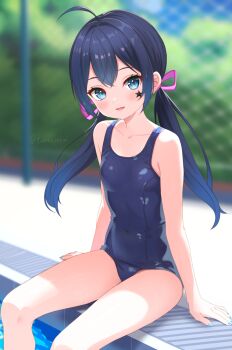 1girl blue_eyes blue_hair blue_one-piece_swimsuit breasts commission day highres indie_virtual_youtuber light_blush looking_at_viewer low_twintails mugen_mochi one-piece_swimsuit outdoors parted_lips petite pixiv_commission poolside school_swimsuit sitting small_breasts smile soaking_feet solo star_(symbol) star_sticker sticker swimsuit toketa-sekai twintails virtual_youtuber