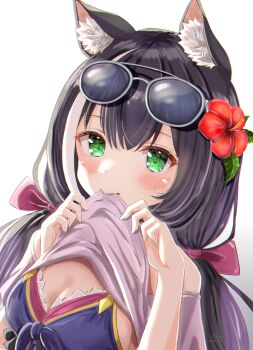 1girl absurdres animal_ear_fluff animal_ears arms_up artist_name bikini bikini_top_under_shirt bikini_under_clothes black_hair blue_bikini blush bow breasts camellia cat_ears cat_girl cleavage clothes_lift commentary_request dated dutch_angle eyewear_on_head fang fingernails flower flower_on_head fluno green_eyes hair_bow highres holding karyl_(princess_connect!) karyl_(summer)_(princess_connect!) long_hair low_twintails medium_breasts mouth_hold multicolored_hair pink_shirt princess_connect! purple_bow red_flower shirt shirt_lift simple_background solo streaked_hair sunglasses swimsuit twintails upper_body white_background white_streaks